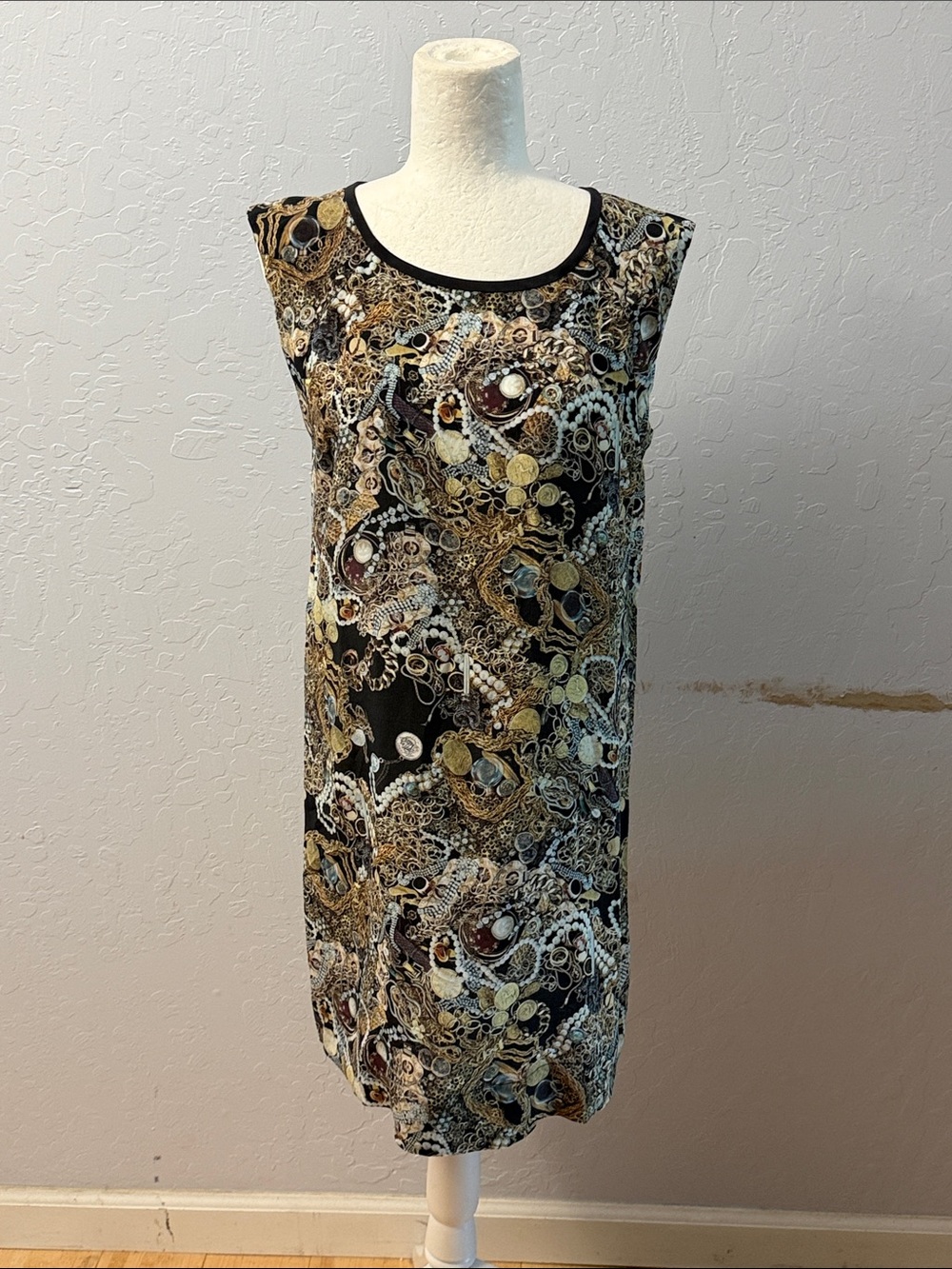 Joie Black Dress with Gold & Cream Chain Print